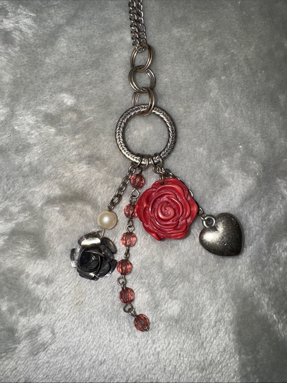 Red Rose & Silver Heart Charm Necklace